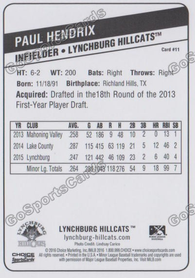 2016 Lynchburg Hillcats Paul Hendrix  Back of Card