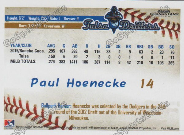 2016 Tulsa Drillers Paul Hoenecke Back of Card