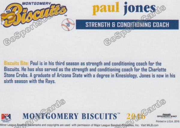 2016 Montgomery Biscuits Paul Jones  Back of Card