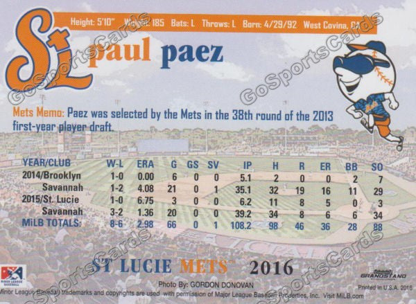2016 St Lucie Mets Paul Paez  Back of Card