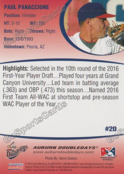 2016 Auburn Doubledays Paul Panaccione Back of Card