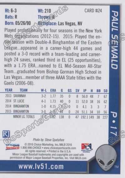 2016 Las Vegas 51s Paul Sewald  Back of Card