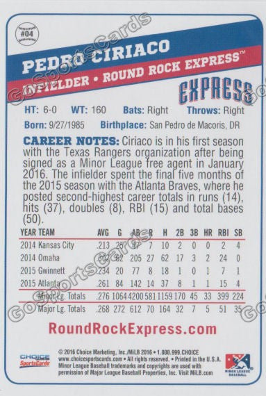 2016 Round Rock Express Pedro Ciriaco Back of Card