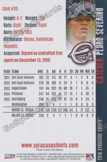 2016 Syracuse Chiefs Pedro Severino Back of Card