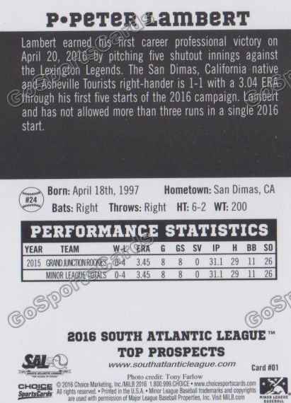2016 South Atlantic League Top Prospect Peter Lambert  Back of Card