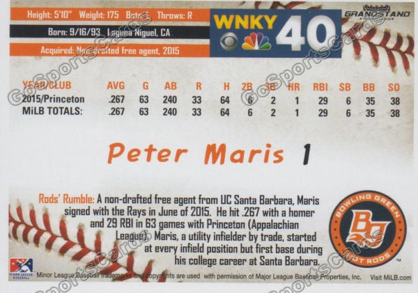 2016 Bowling Green Hot Rods Peter Maris Back of Card