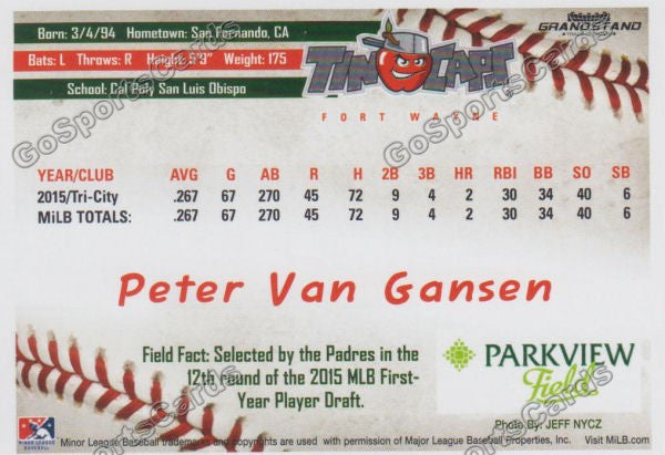 2016 Fort Wayne Tin Caps Peter Van Gansen  Back of Card