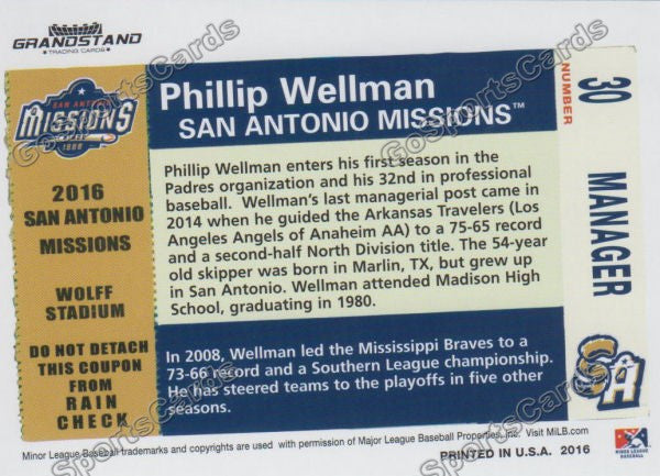 2016 San Antonio Missions Phillip Wellman Back of Card