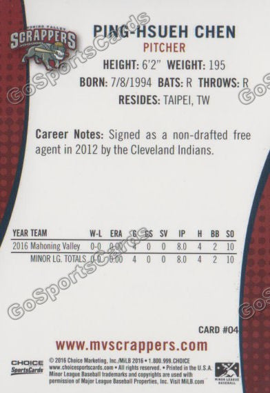 2016 Mahoning Valley Scrappers Ping Hsueh Chen Back of Card