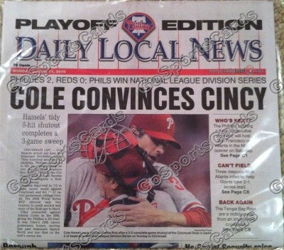 2010 NLCS Champions Philadelphia Phillies Newspaper "Cole Convinces Cincy"