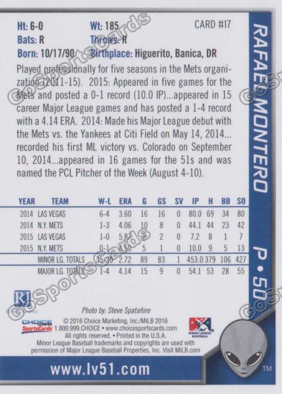 2016 Las Vegas 51s Rafael Montero  Back of Card