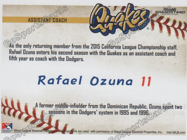 2016 Rancho Cucamonga Quakes Rafael Ozuna Back of Card