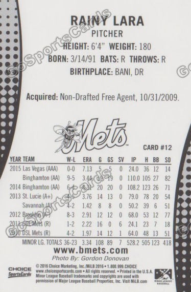 2016 Binghamton Mets Rainy Lara Back of Card