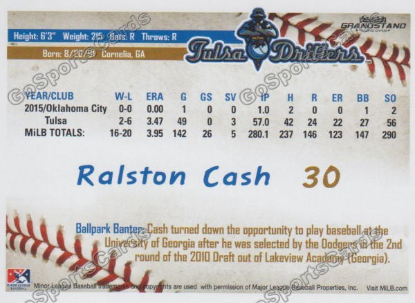 2016 Tulsa Drillers Ralston Cash Back of Card
