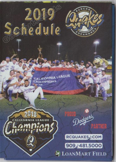 2019 Rancho Cucamonga Quakes Pocket Schedule (2018 California League Champions)