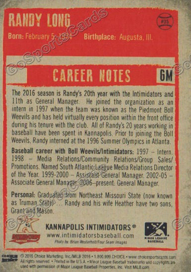  2016 Kannapolis Intimidators Randy Long Back of Card