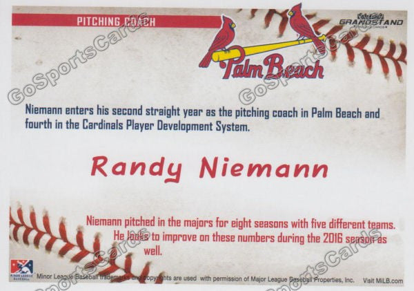2016 Palm Beach Cardinals Randy Niemann  Back of Card