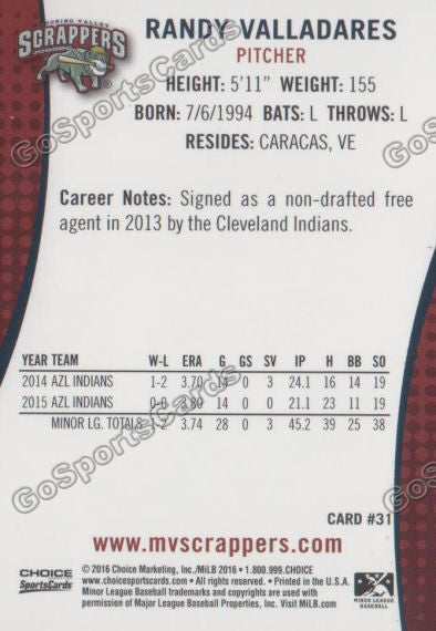 2016 Mahoning Valley Scrappers Randy Valladares Back of Card