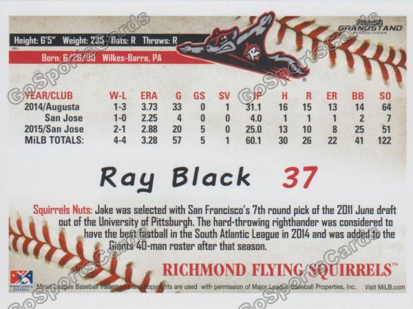 2016 Richmond Flying Squirrels Ray Black Back of Card