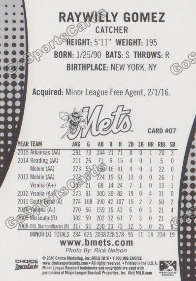 2016 Binghamton Mets Raywilly Gomez Back of Card