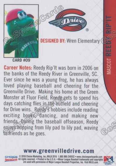 2016 Greenville Drive Reedy Rip It Mascot Back of Card