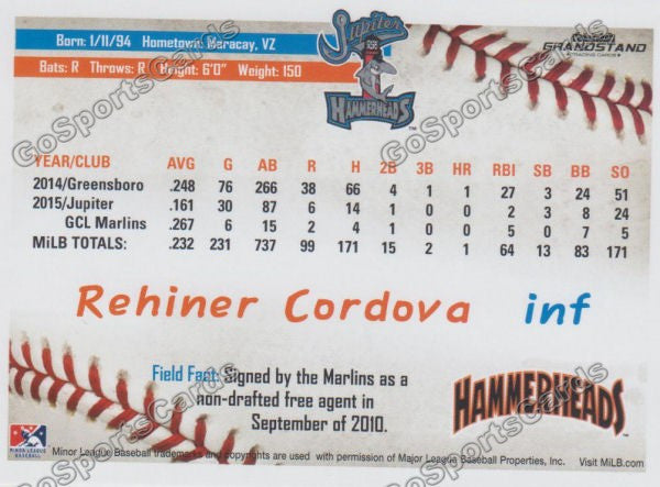 2016 Jupiter Hammerheads Rehiner Cordova  Back of Card