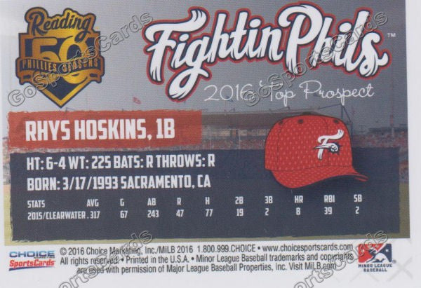 2016 Reading Fightin Phils Top Prospect 11 Rhys Hoskins  Back of Card