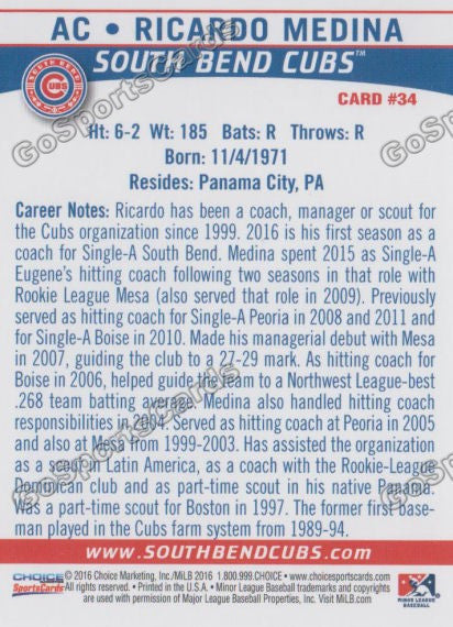 2016 South Bend Cubs Ricardo Medina Back of Card