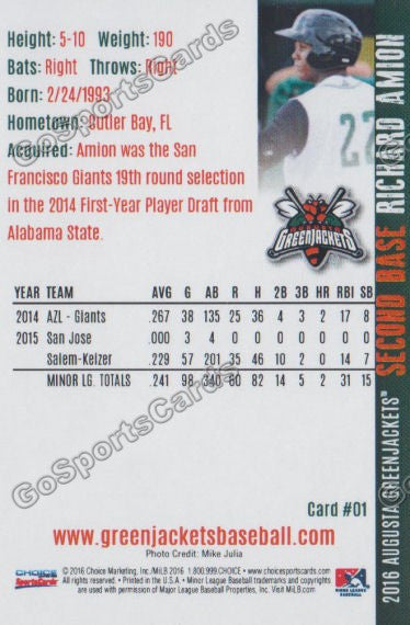 2016 Augusta Greenjackets Richard Amion Back of Card