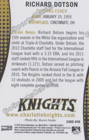 2016 Charlotte Knights Richard Dotson Back of Card