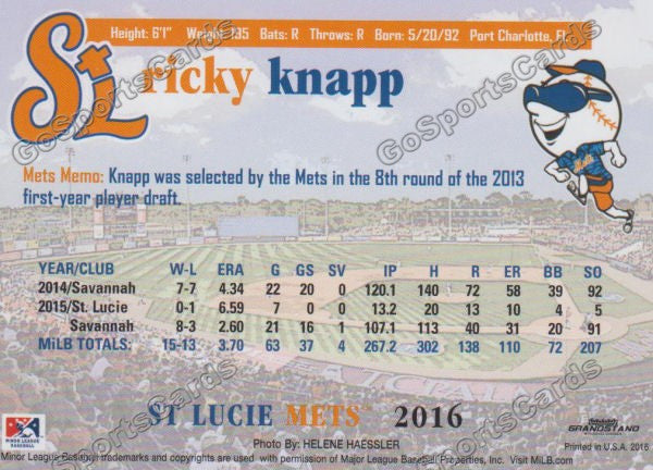 2016 St Lucie Mets Ricky Knapp  Back of Card