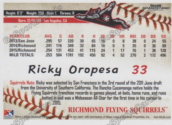 2016 Richmond Flying Squirrels Ricky Oropesa Back of Card