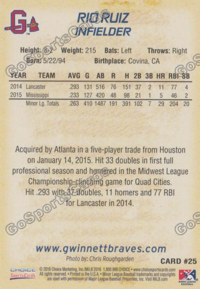 2016 Gwinnett Braves Rio Ruiz  Back of Card