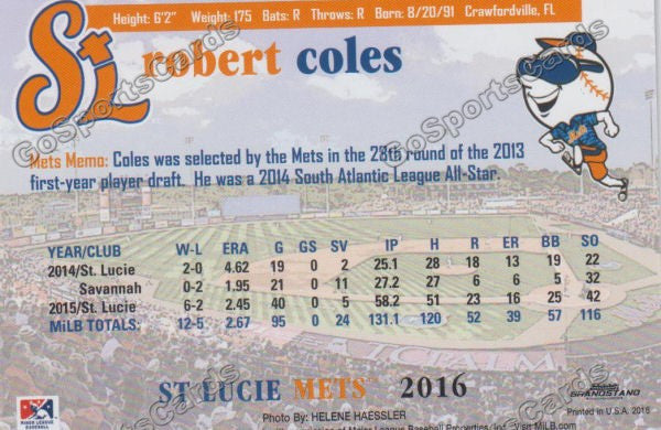 2016 St Lucie Mets Robert Coles  Back of Card