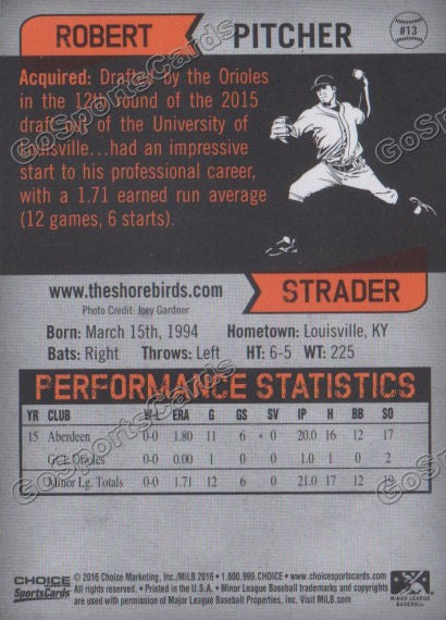 2016 Delmarva Shorebirds Robert Strader  Back of Card