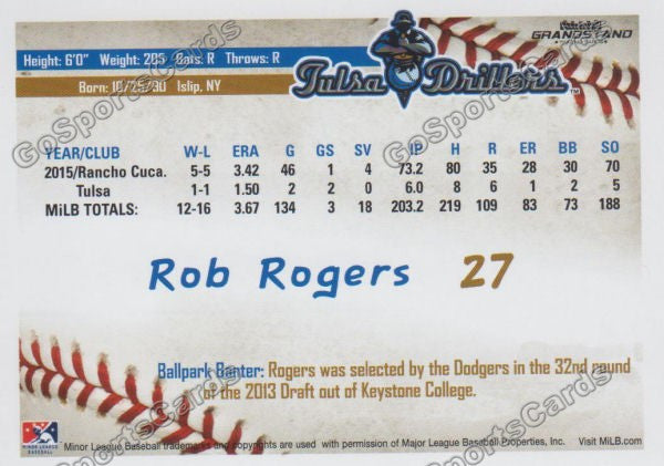 2016 Tulsa Drillers Rob Rogers Back of Card