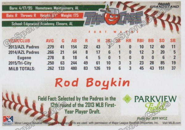 2016 Fort Wayne Tin Caps Rod Boykin  Back of Card