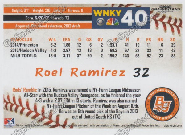 2016 Bowling Green Hot Rods Roel Ramirez Back of Card