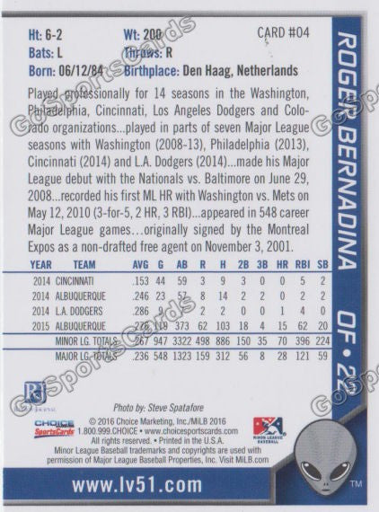 2016 Las Vegas 51s Roger Bernadina  Back of Card