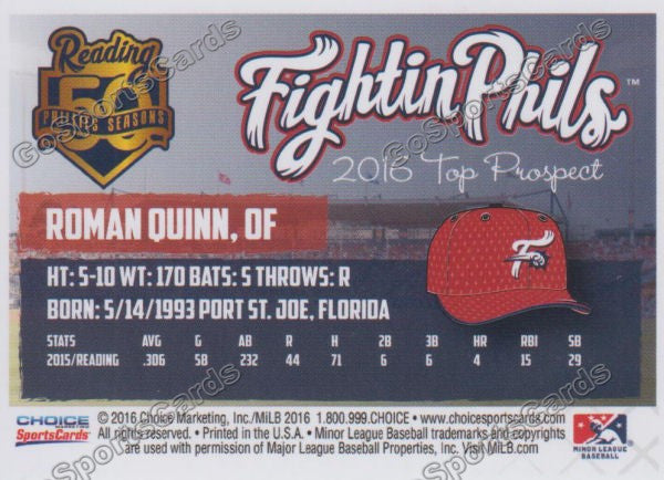 2016 Reading Fightin Phils Top Prospect 11 Roman Quinn  Back of Card