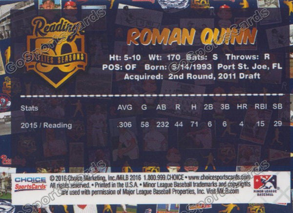 2016 Reading Fightin Phils Top Prospect 25 Roman Quinn  Back of Card