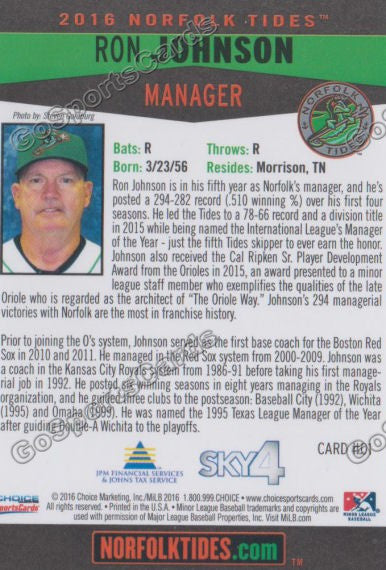 2016 Norfolk Tides Ron Johnson Back of Card