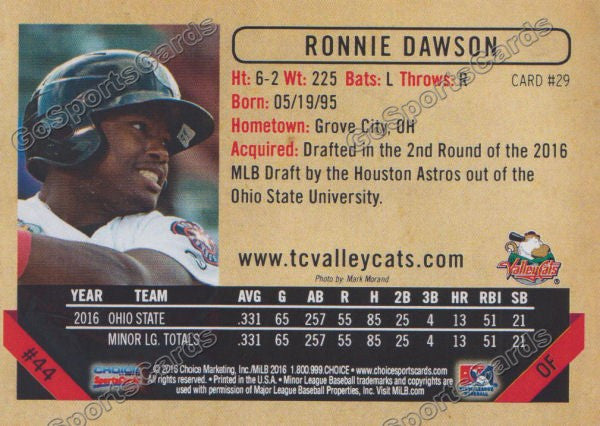 2016 Tri City ValleyCats Ronnie Dawson Back of Card