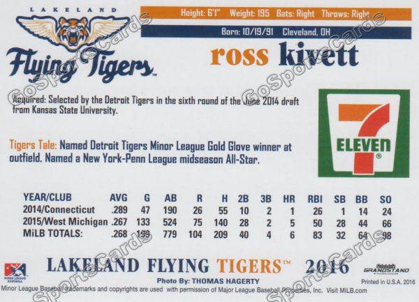 2016 Lakeland Flying Tigers Ross Kivett Back of Card