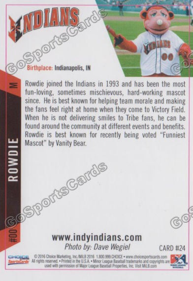2016 Indianapolis Indians Rowdie Mascot Back of Card