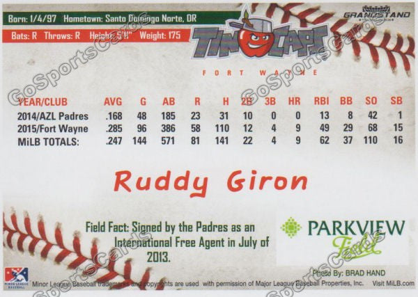 2016 Fort Wayne Tin Caps Ruddy Giron  Back of Card