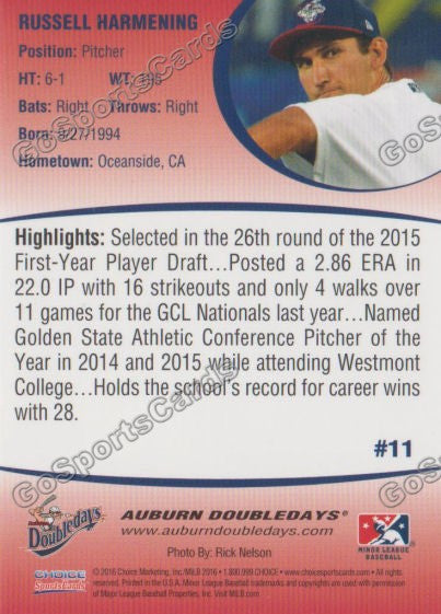 2016 Auburn Doubledays Russell Harmening Back of Card