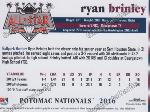 2016 Carolina League All Star Ryan Brinley Back of Card