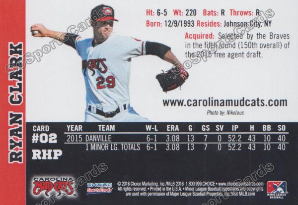 2016 Carolina MudCats Ryan Clark Back of Card