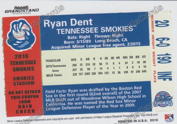 2016 Tennessee Smokies Ryan Dent Back of Card